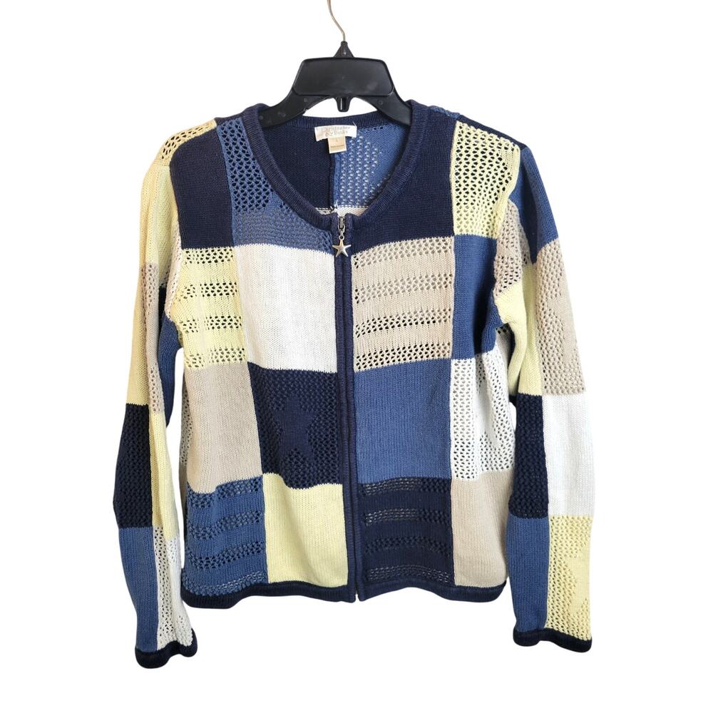 Christopher Banks Y2k Zip Cardigan Sweater Blue Yellow Crochet Colorblock‎ Large